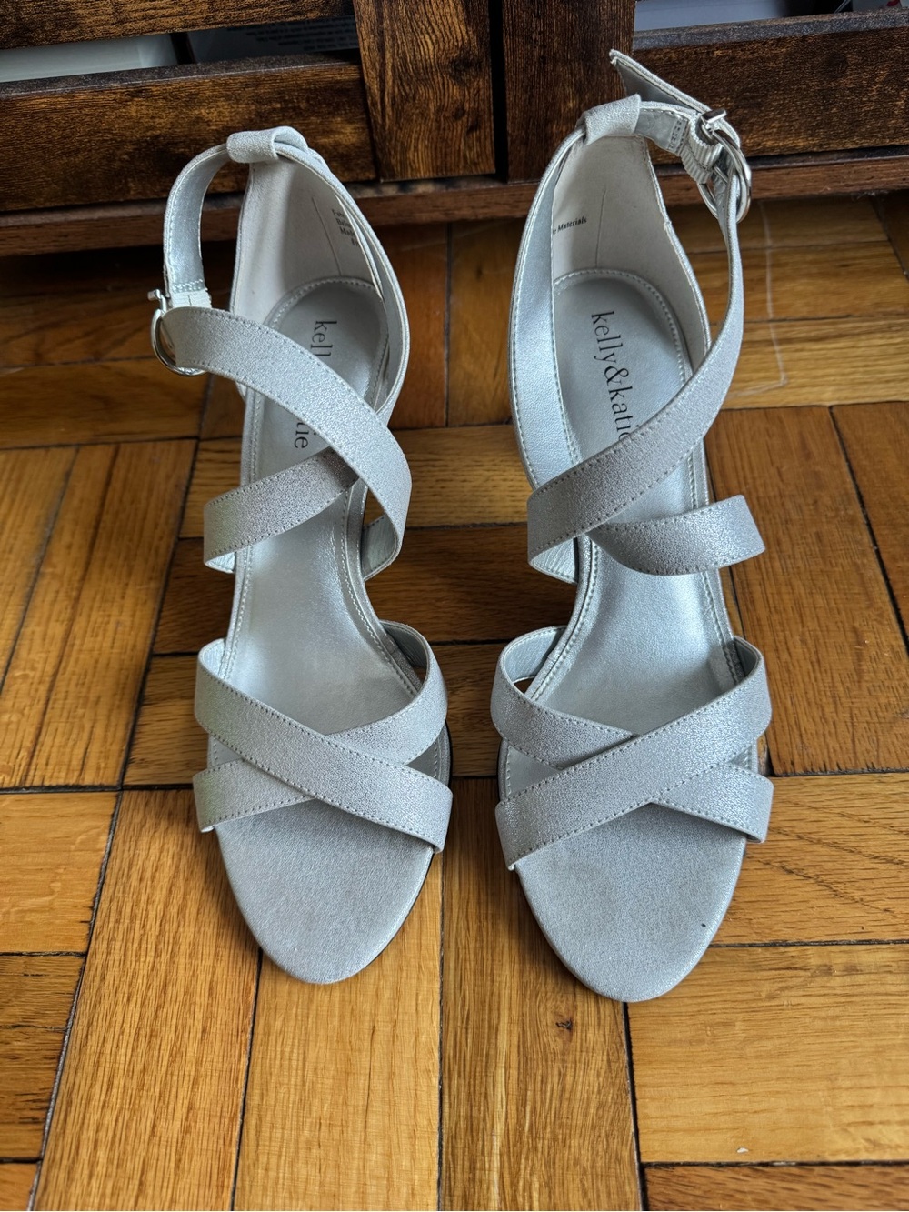 Kelly & Katie Silver Crisscross Ankle Strap Mid Heels